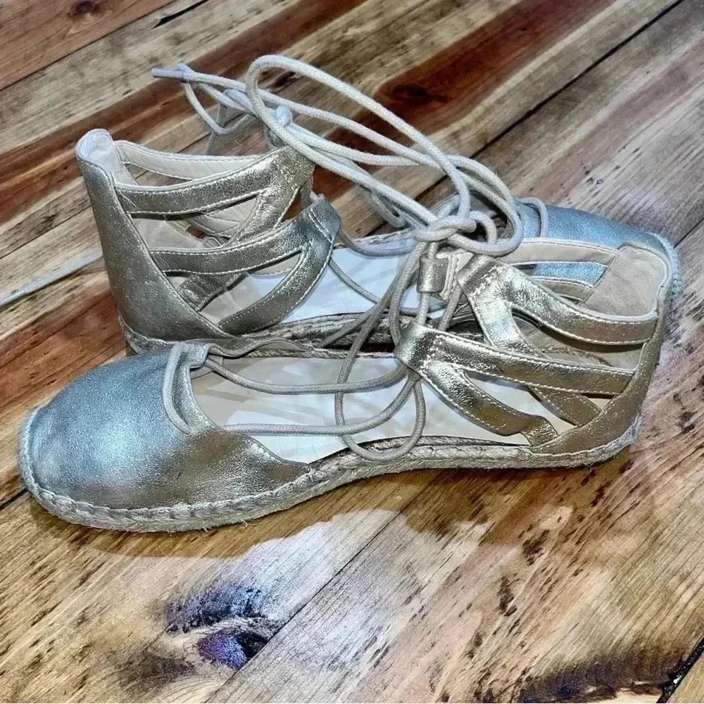 Marc Fisher genuine soft leather, gold, ankle tie, flat, espadrilles, shoes,
